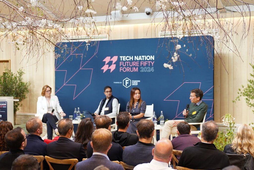 Sonya Iovieno (HSBC Innovation Banking), Hussein Kanji (Hoxton Ventures), Ling Ge (Tencent) & Stan Laurent (Highland Europe) at Tech Nation's Future Fifty Forum in 2024.